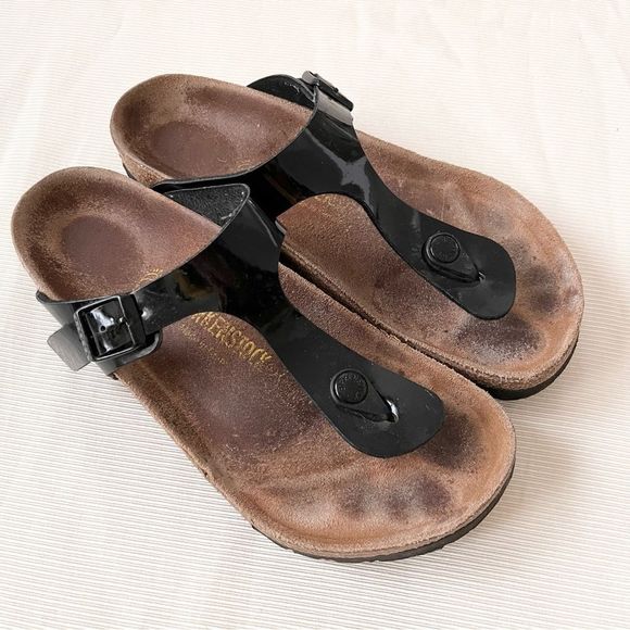 Birkenstock Shoes - Birkenstock Womens Sandals Flat Thong Black Glossy Comfy Used Shoes EU38 US7-7.5